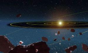 Edžvortas-Kuipera jostas un Ortas mākoņu attālums līdz Kuipera jostas asteroīdiem